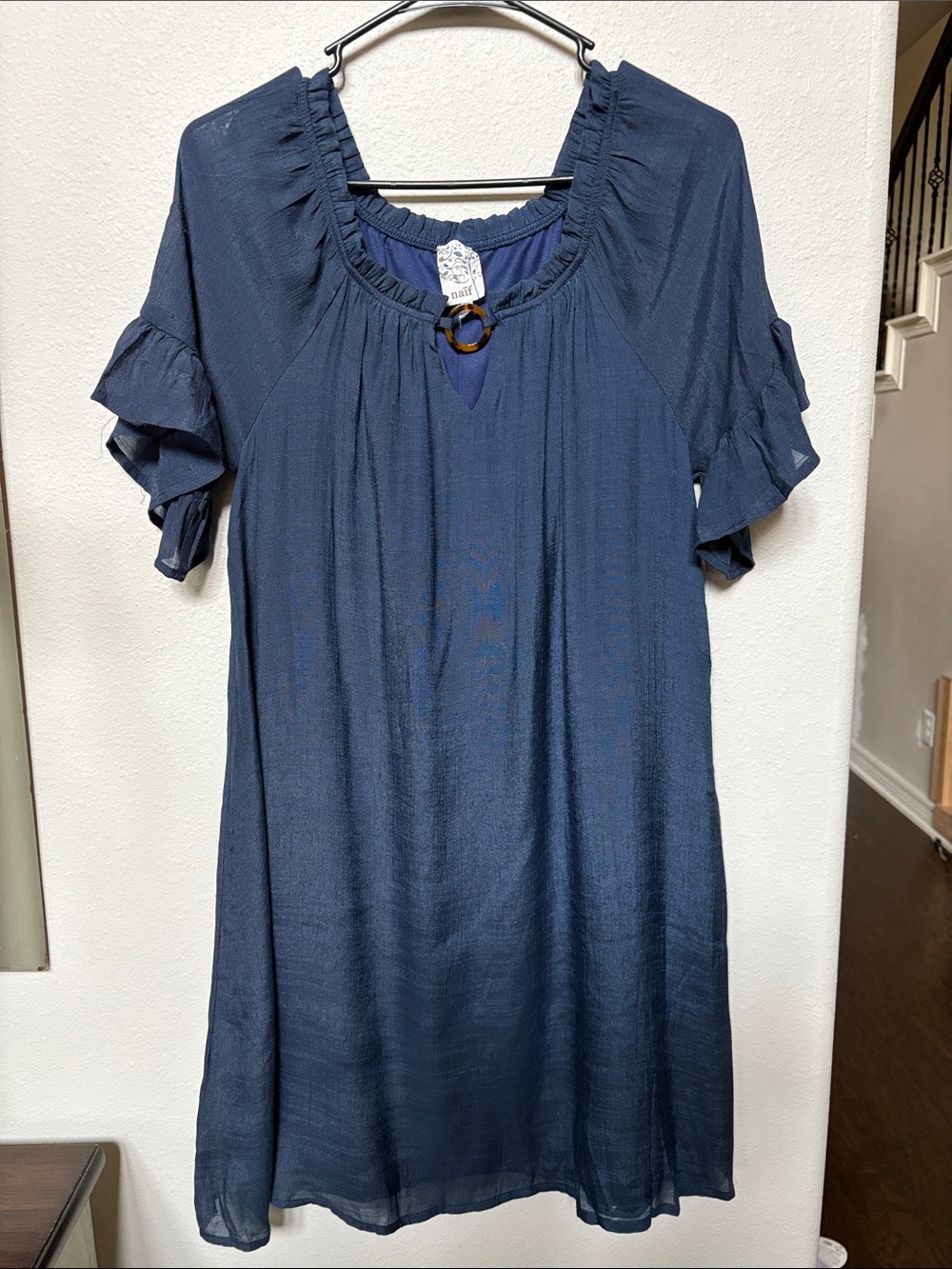 NAIF Navy Ruffle Sleeve Midi Dress with Ring Accent